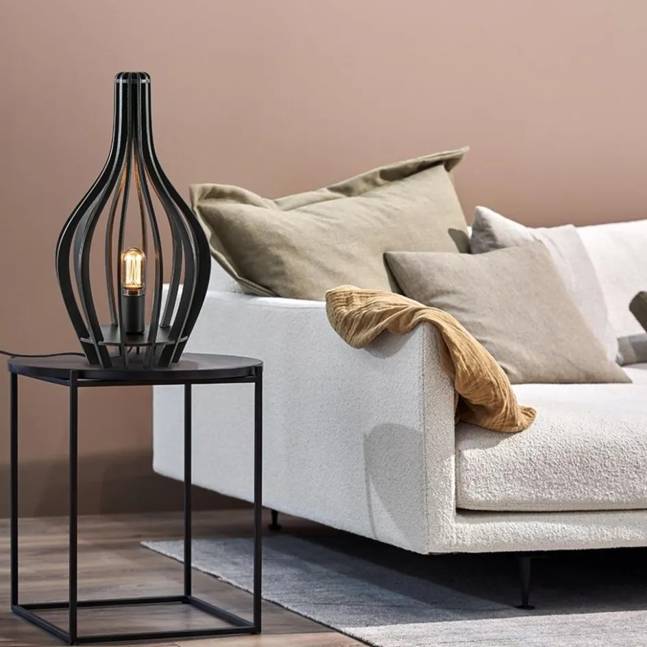 Mat zwarte tafellamp houten kegel>Straluma New