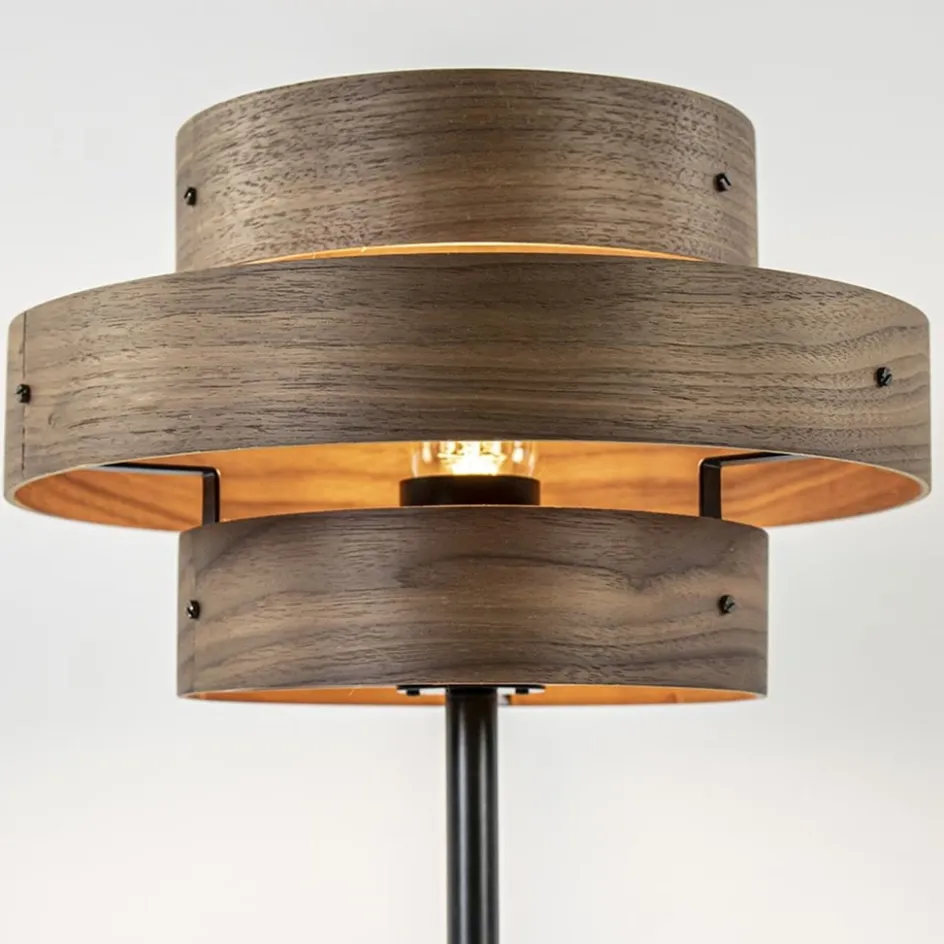 Mat zwarte tafellamp met walnoot houten kap>Straluma