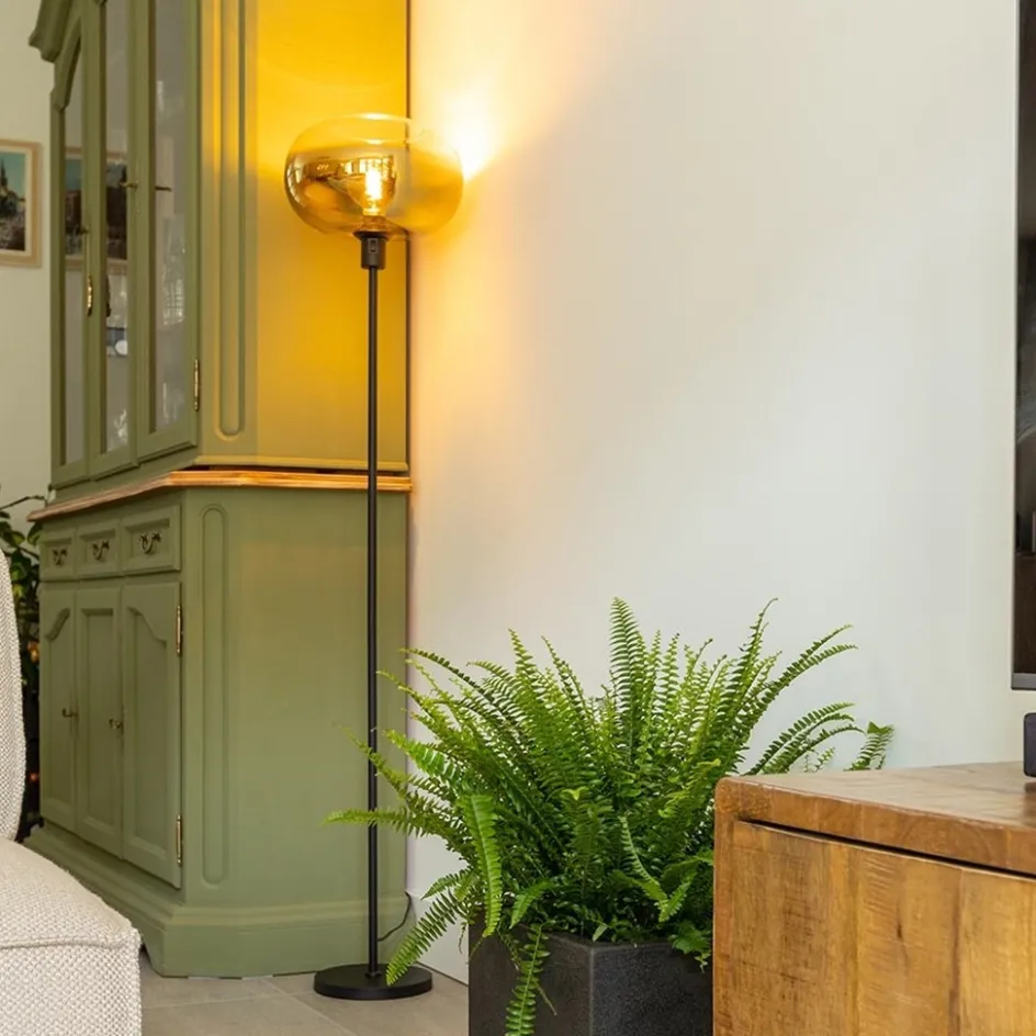 Mat zwarte vloerlamp met glazen kap helder/goud>Straluma