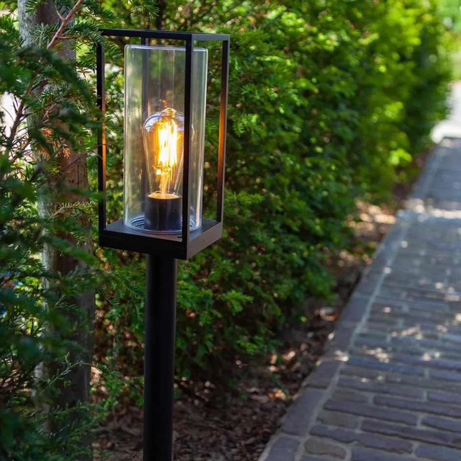 Moderne buitenlamp lantaarn op paal zwart met helder glas>Straluma New