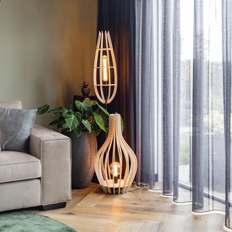 Naturel houten tafel/vloerlamp kegel met zwart>Straluma New
