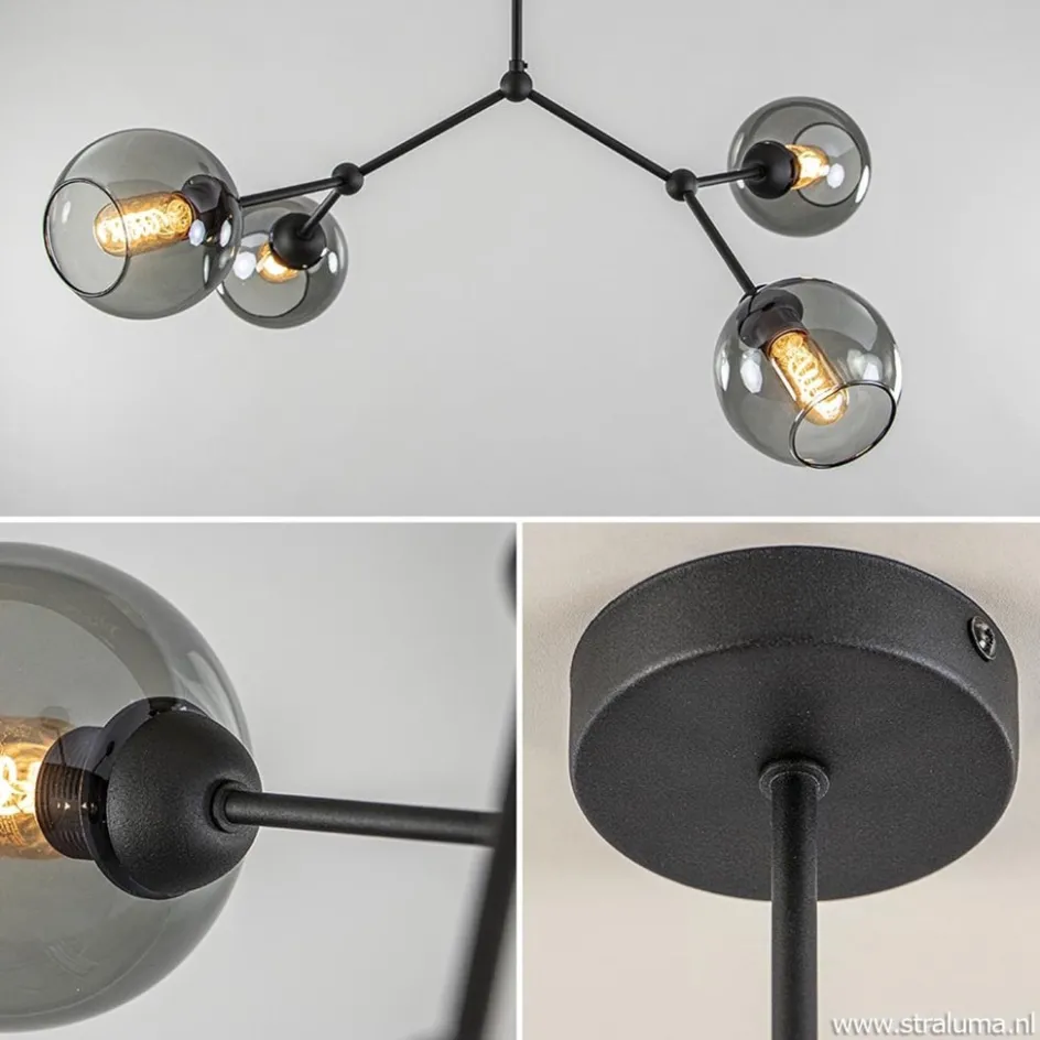 Plafondlamp 4-armen zwart+smoke bolglas>Straluma Outlet