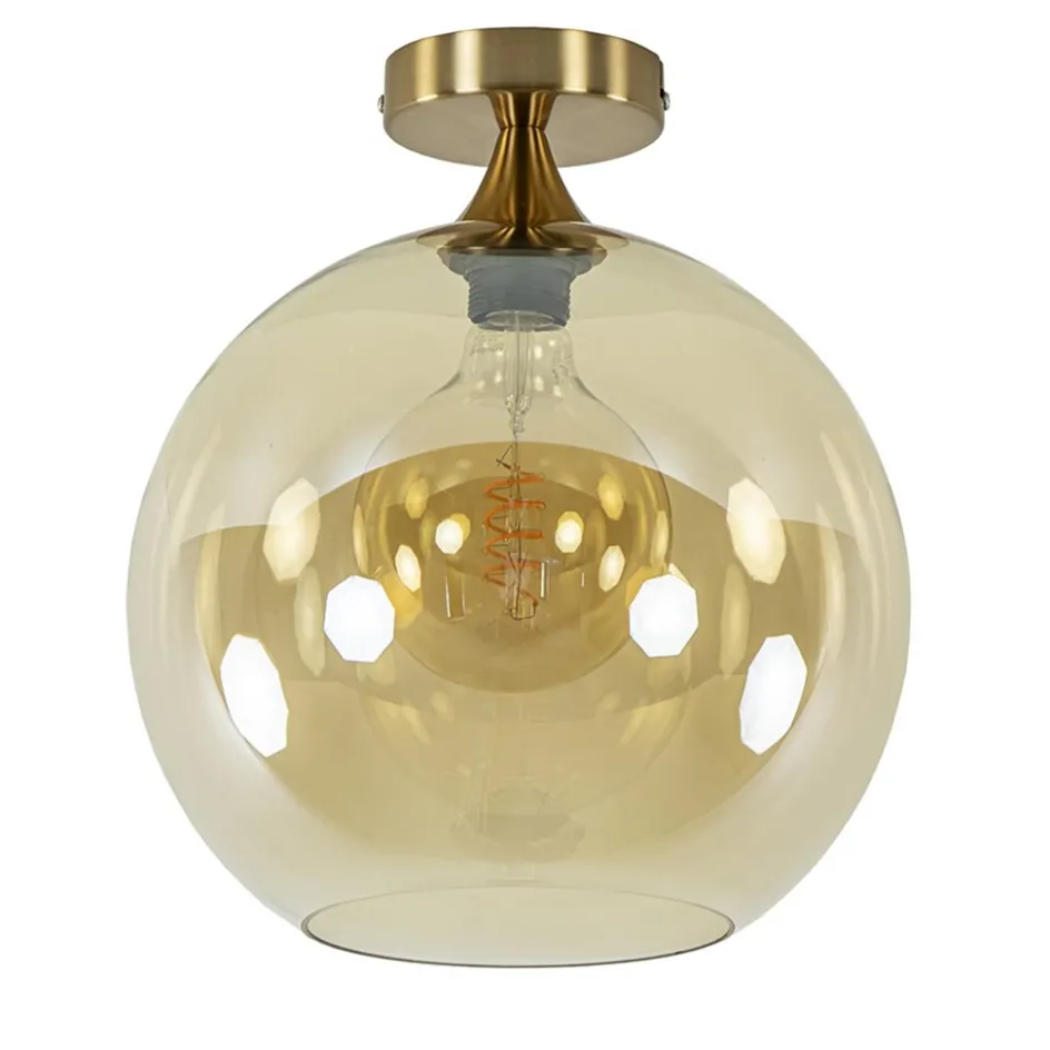 Plafondlamp goud met amber glazen bol 30 cm>Straluma Discount