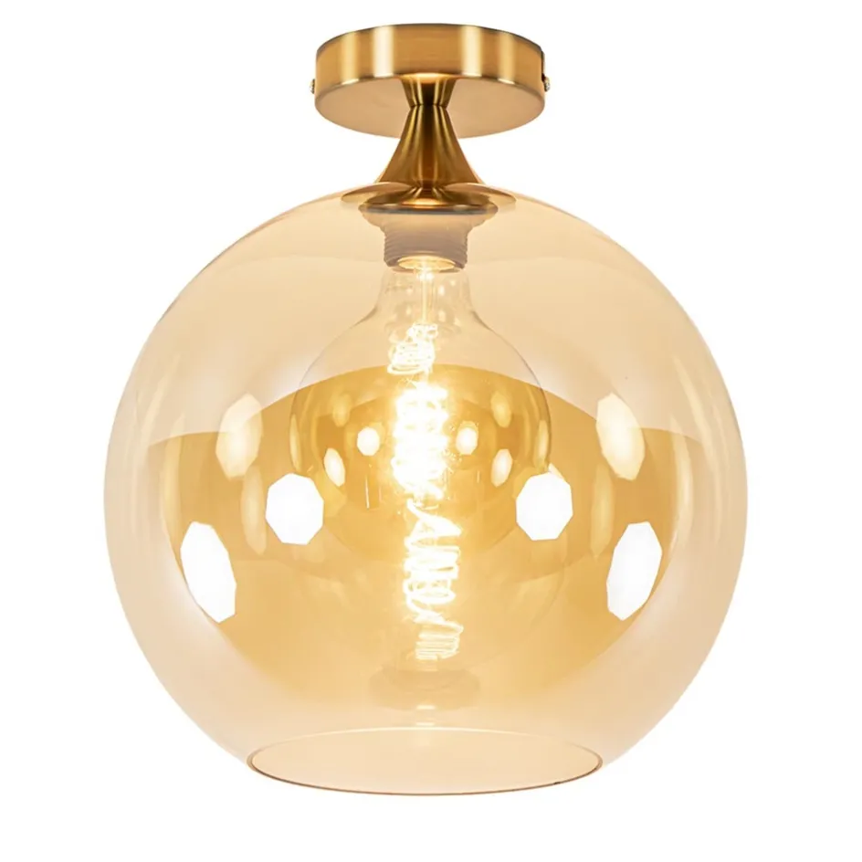 Plafondlamp goud met amber glazen bol 30 cm>Straluma Discount