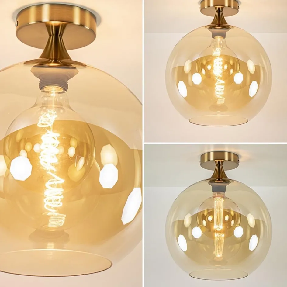 Plafondlamp goud met amber glazen bol 30 cm>Straluma Discount