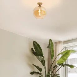 Plafondlamp goud met amber glazen bol 30 cm><noscript><img width=