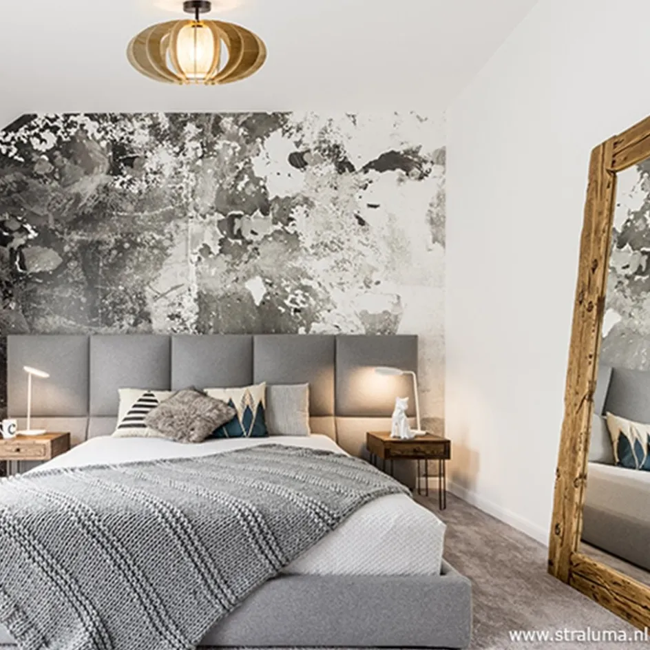 Plafondlamp hout met stoffen kap 50cm>Straluma Discount