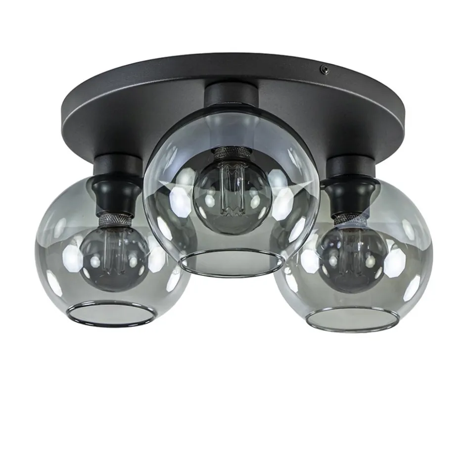 Plafondlamp 3L zwart bolglas smoke>Straluma Outlet