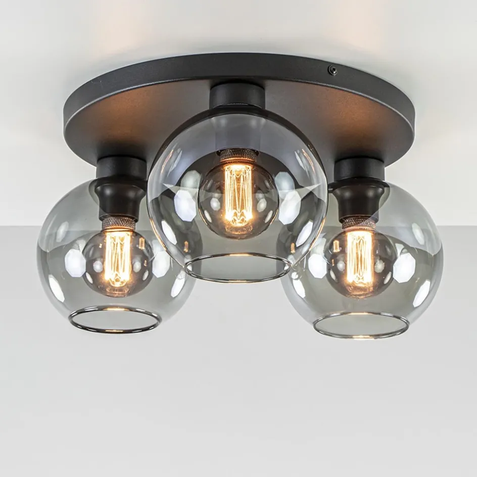 Plafondlamp 3L zwart bolglas smoke>Straluma Outlet