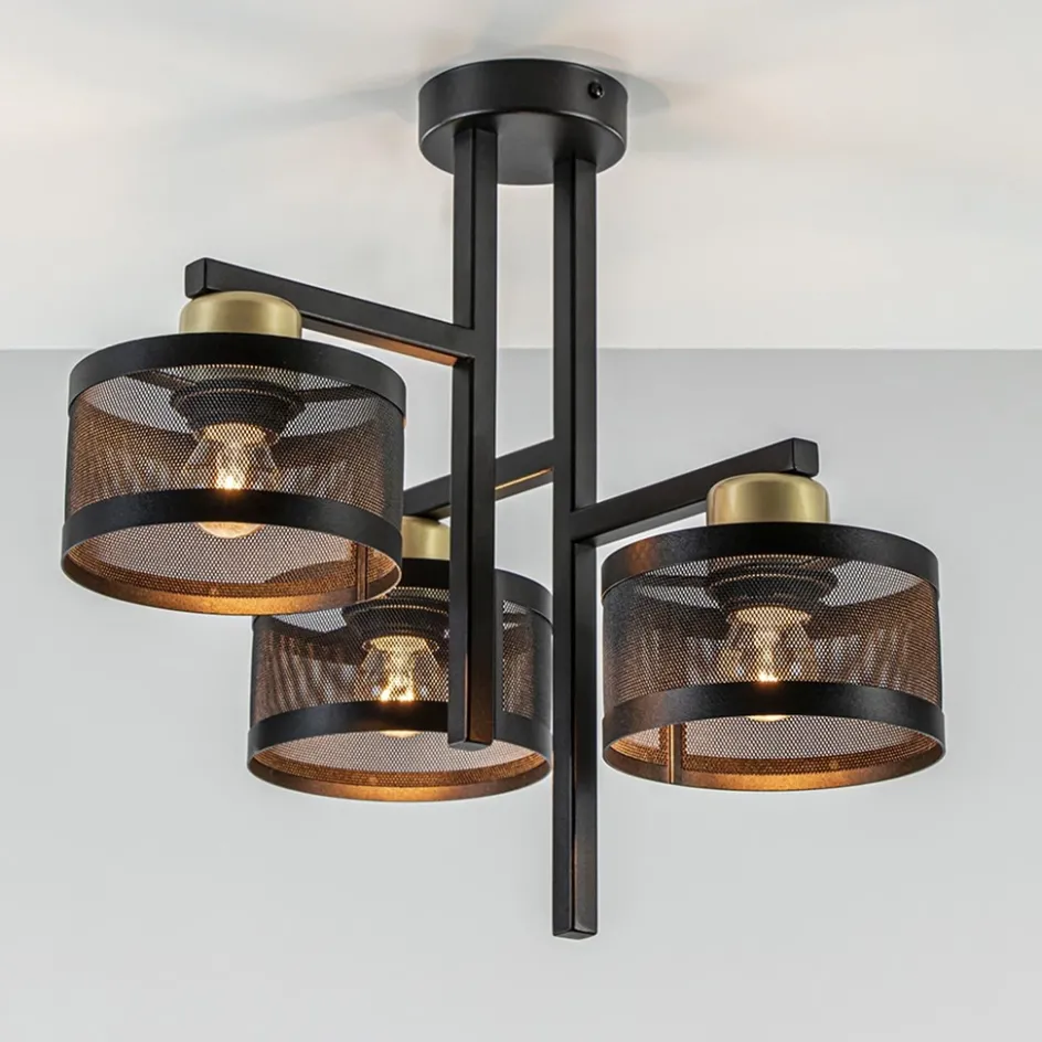 Plafondlamp 3L zwart/goud cilinder geperforeerd>Straluma New