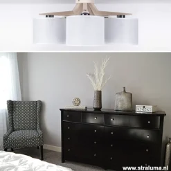 Plafondlamp 5-lichts hout/cilinderkap wit></noscript>Straluma New