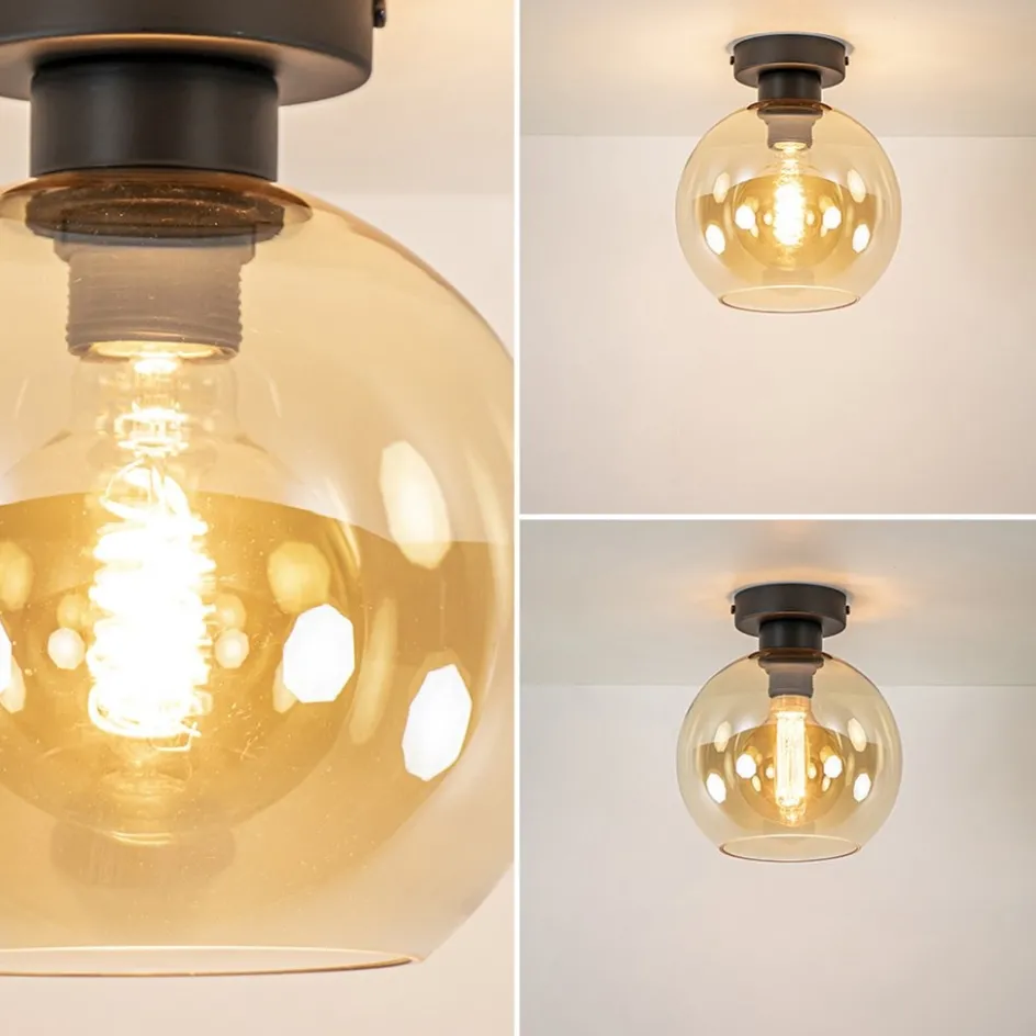 Plafondlamp zwart met amber glas 20 cm>Straluma Best