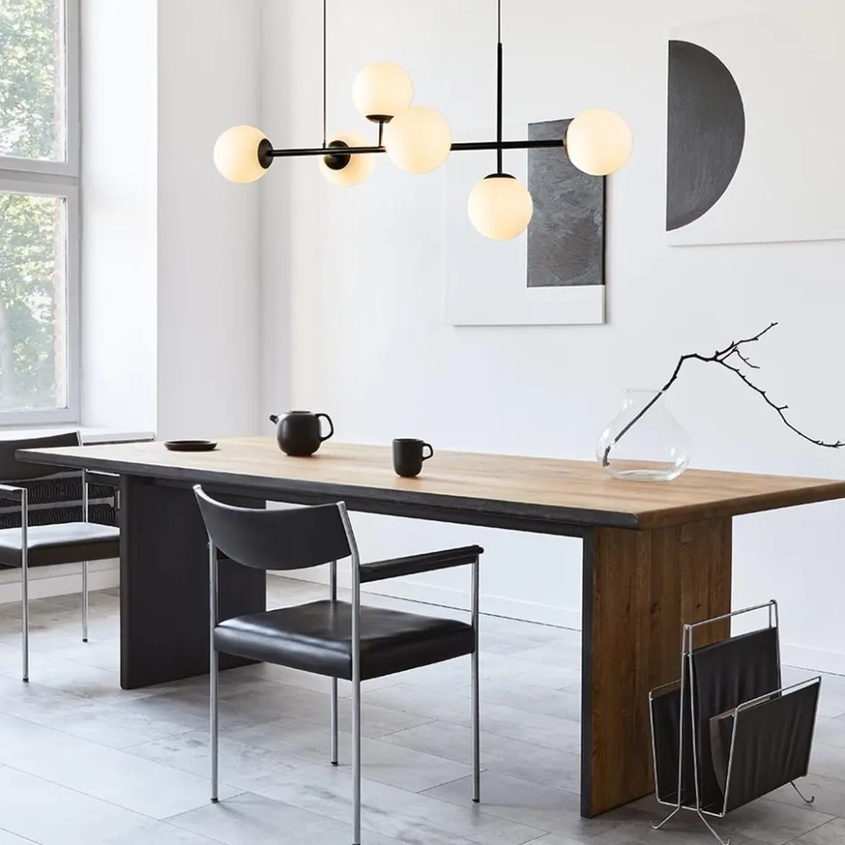 Retro eettafel hanglamp zwart met witte glazen bollen>Straluma Discount