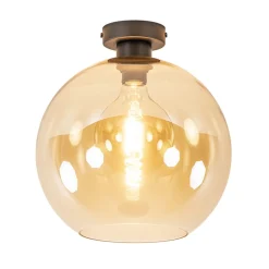Retro plafondlamp zwart met amber glazen bol>Straluma New