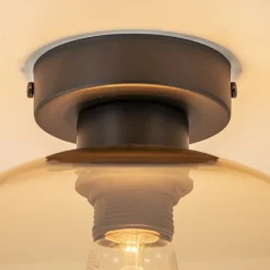 Retro plafondlamp zwart met amber glazen bol><noscript><img width=