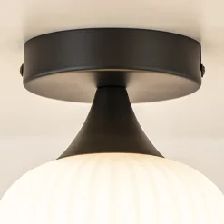 Retro plafondlamp zwart met wit glas><noscript><img width=