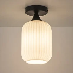 Retro plafondlamp zwart met wit glas><noscript><img width=