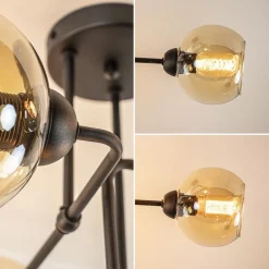 Retro plafondlamp zwart met amber glas 6-lichts><noscript><img width=