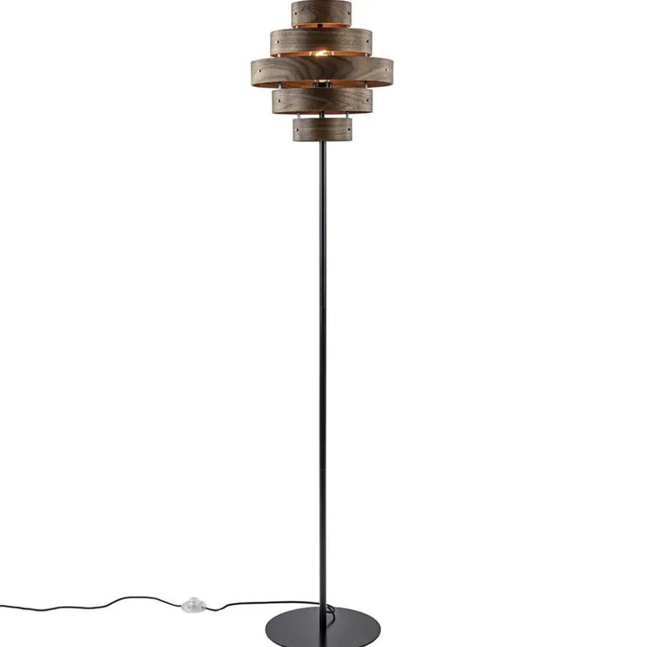 Retro vloerlamp zwart met walnoot houten kap>Straluma Clearance