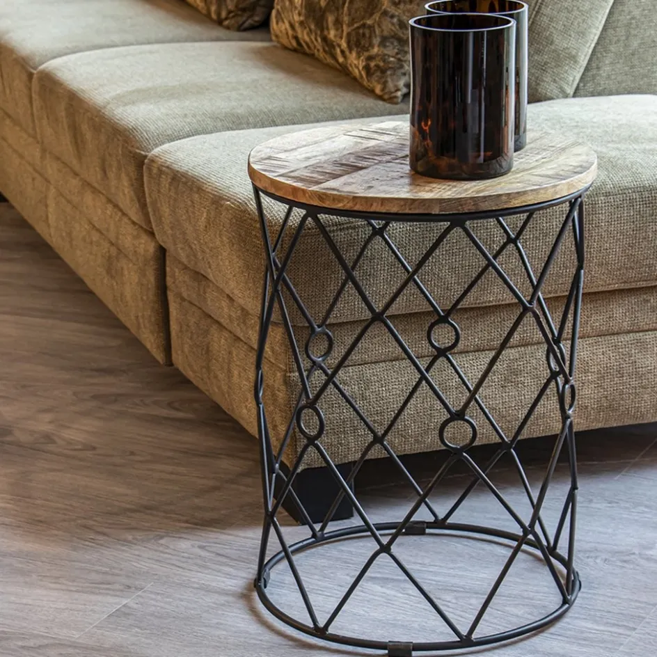 Ronde bijzettafel mangohout met zwart metaal>Straluma Discount