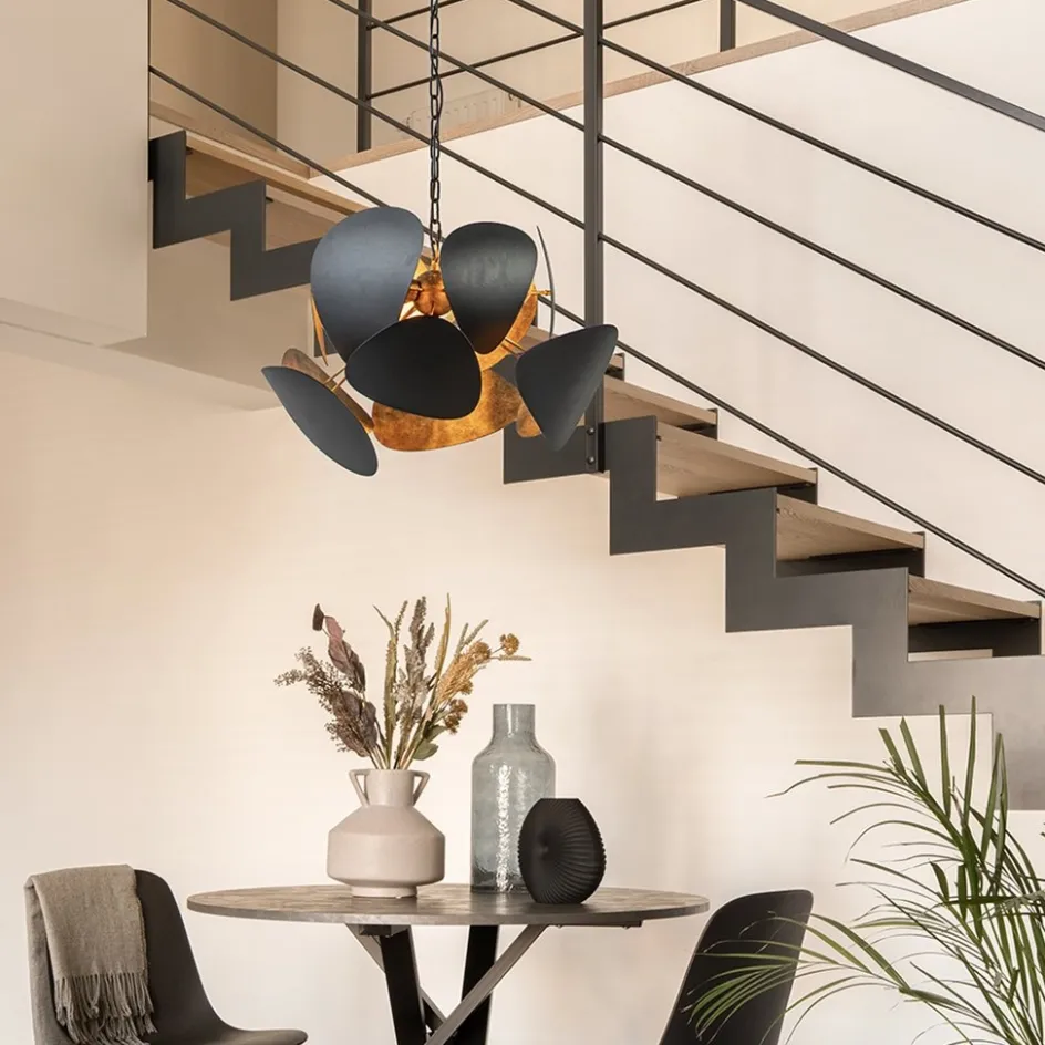 Ronde hanglamp textured black met ambachtelijk brons>Straluma