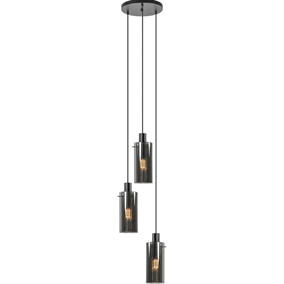 Ronde 3-lichts hanglamp met cilinder smoke glas>Straluma Outlet