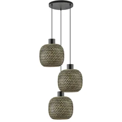 Ronde 3-lichts hanglamp zwart met bamboe kappen>Straluma