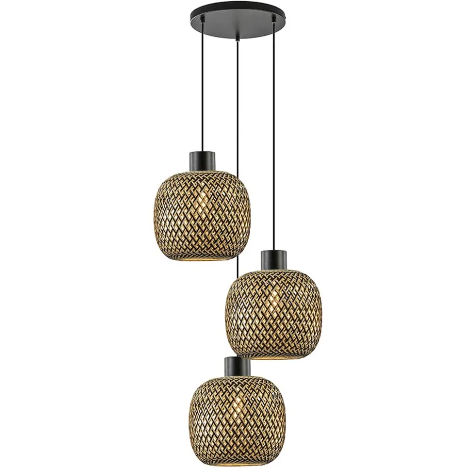 Ronde 3-lichts hanglamp zwart met bamboe kappen>Straluma
