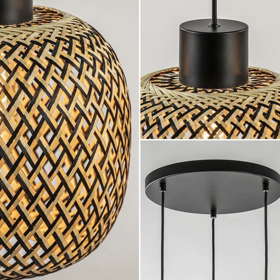 Ronde 3-lichts hanglamp zwart met bamboe kappen>Straluma