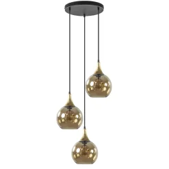 Ronde 3-lichts hanglamp zwart met goud en amber glas>Straluma Sale