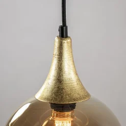 Ronde 3-lichts hanglamp zwart met goud en amber glas><noscript><img width=