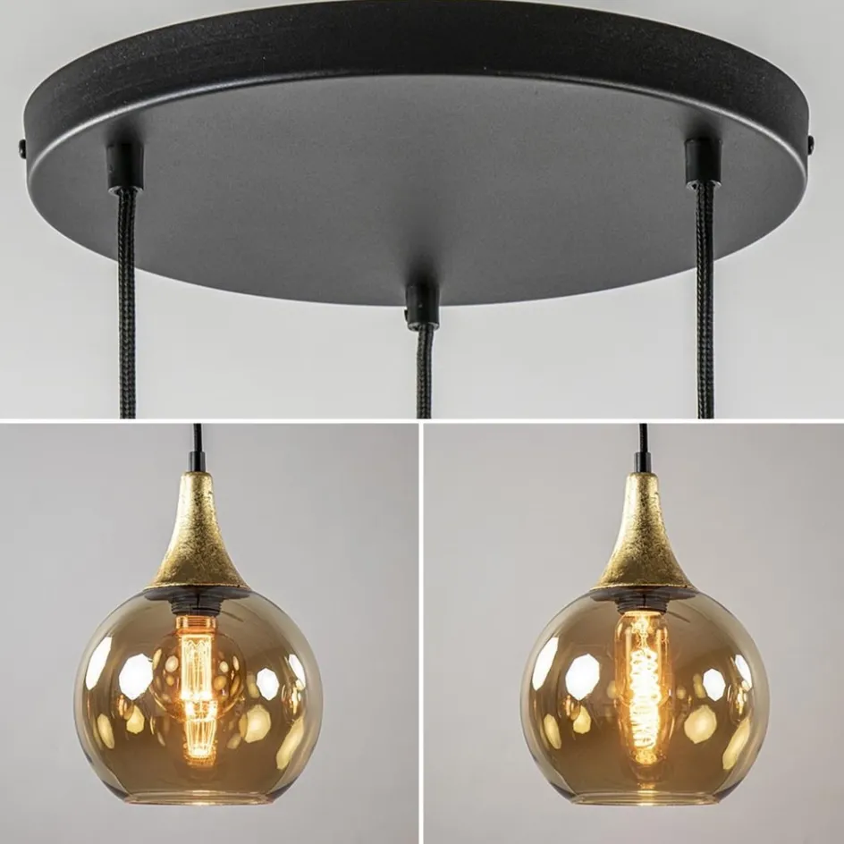 Ronde 3-lichts hanglamp zwart met goud en amber glas>Straluma Sale