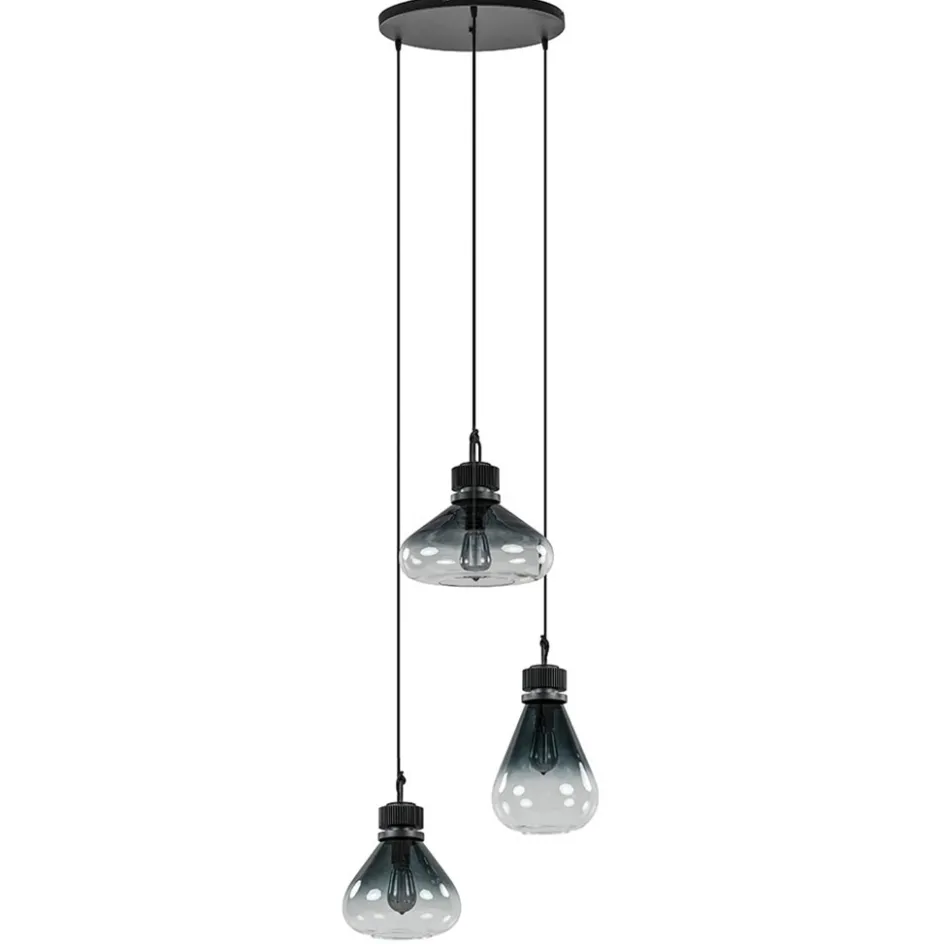 Ronde 3-lichts hanglamp zwart met smoke/helder glas>Straluma