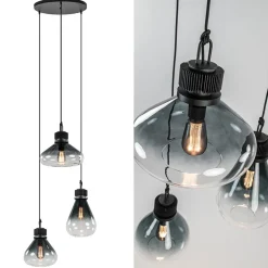 Ronde 3-lichts hanglamp zwart met smoke/helder glas>Straluma