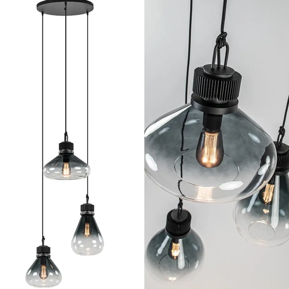 Ronde 3-lichts hanglamp zwart met smoke/helder glas>Straluma