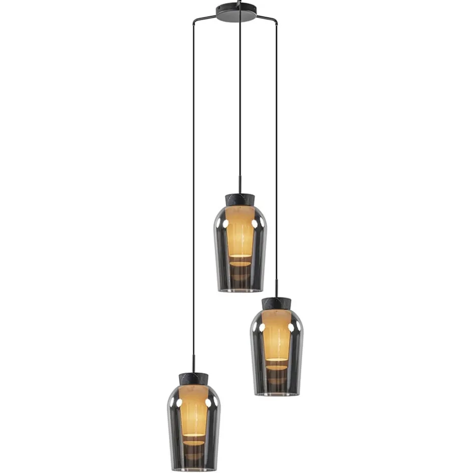Ronde 3-lichts hanglamp zwart/marmer met smoke glas>Straluma Discount