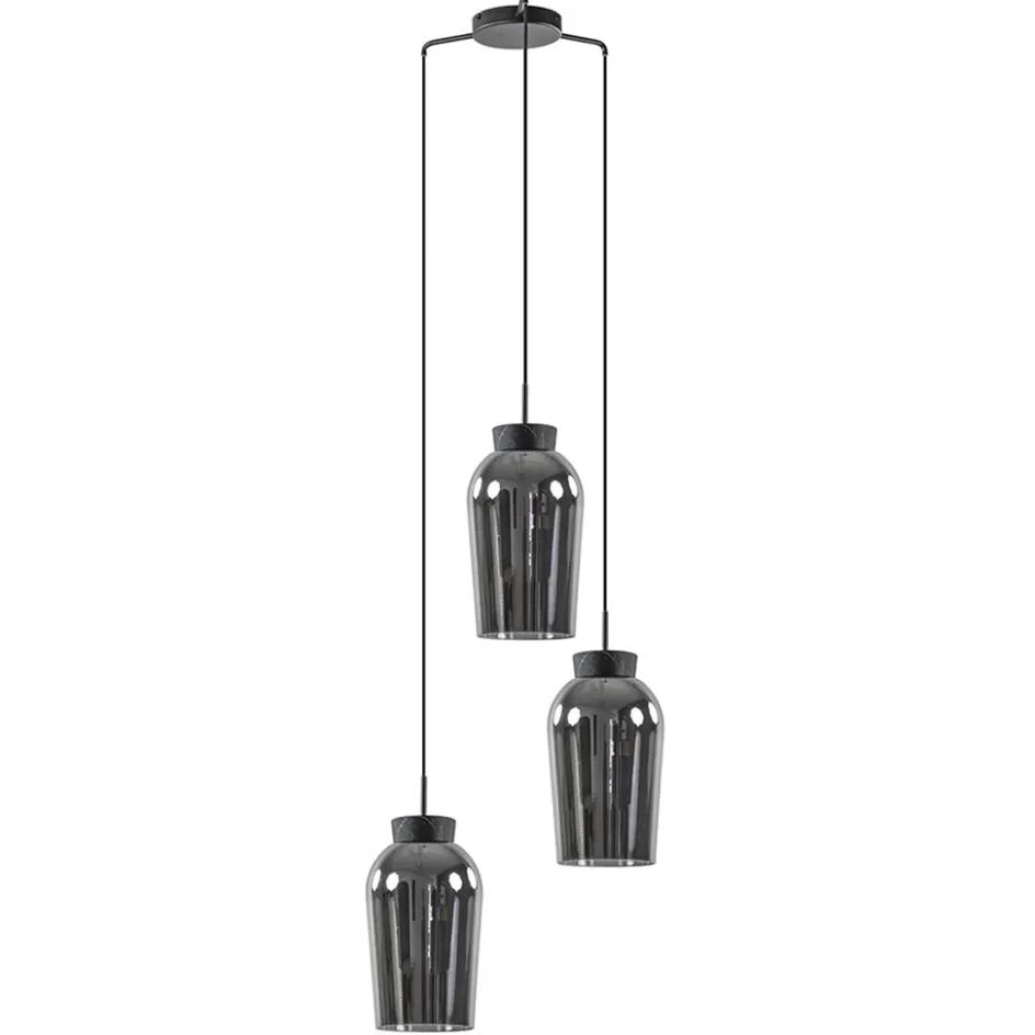 Ronde 3-lichts hanglamp zwart/marmer met smoke glas>Straluma Discount