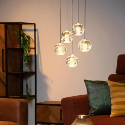 Ronde 5-lichts LED hanglamp goud met helder glas><noscript><img width=