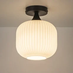Ronde plafondlamp retro zwart met wit glas><noscript><img width=