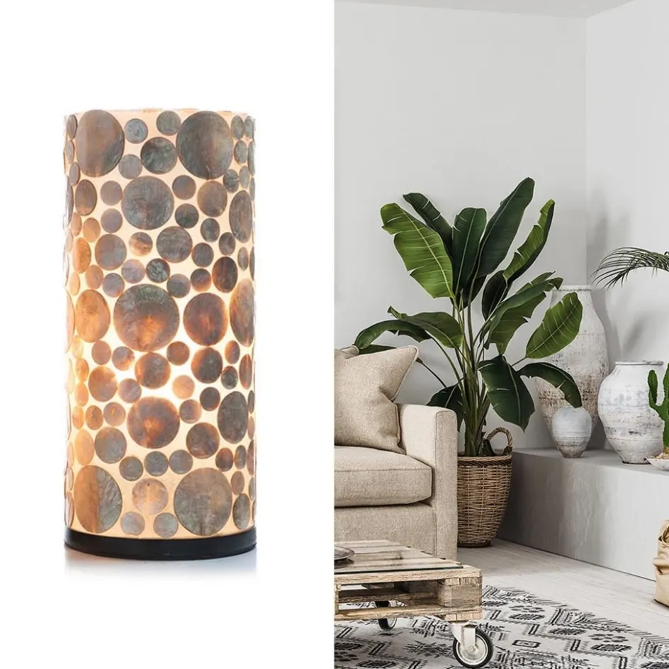 Schelpen tafellamp cilinder goud/bruin>Straluma Online