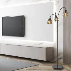 Sierlijke vloerlamp mat zwart met smoke glazen kappen></noscript>Straluma New