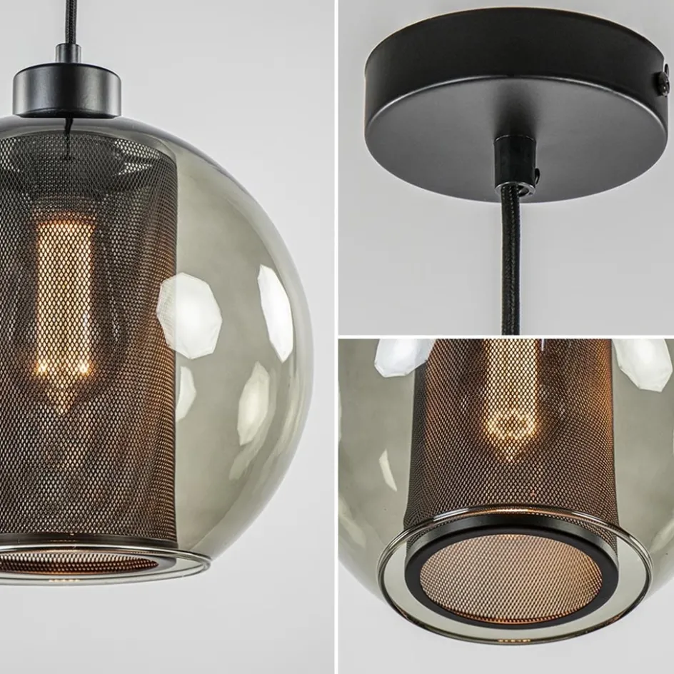 Smoke glazen hanglamp bol met zwarte gaas cilinder>Straluma Discount