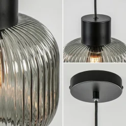 Stijlvolle hanglamp smoke glas geribbeld met zwart></noscript>Straluma Hot