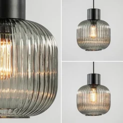 Stijlvolle hanglamp smoke glas geribbeld met zwart></noscript>Straluma Hot