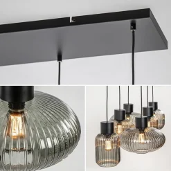 Stijlvolle 6-lichts eettafelhanglamp zwart met smoke glas></noscript>Straluma Clearance