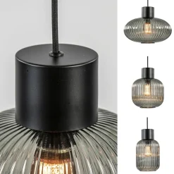 Stijlvolle 6-lichts eettafelhanglamp zwart met smoke glas></noscript>Straluma Clearance