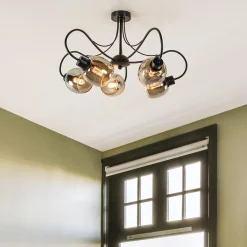 Strak klassieke 5-lichts plafondlamp met smoke glazen kappen><noscript><img width=