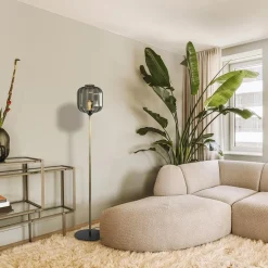 Strak klassieke vloerlamp brons met zwart en smoke glas><noscript><img width=