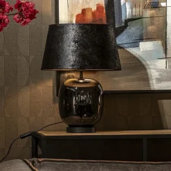 Tafellamp zwart glas met ronde kap 40 cm><noscript><img width=