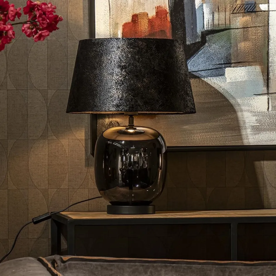 Tafellamp zwart glas met ronde kap 40 cm>Straluma Discount